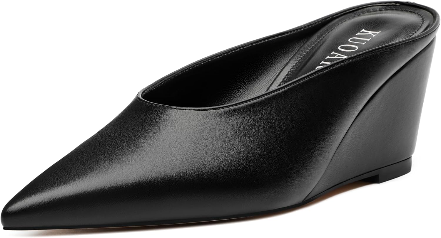 KUOARN Women's Pointed Toe Wedge Mules Slip on High Heel Closed Toe Pumps Comfortable 2.5 Inch Dress Shoes for Office Work Casual Professional Slide Shoes
