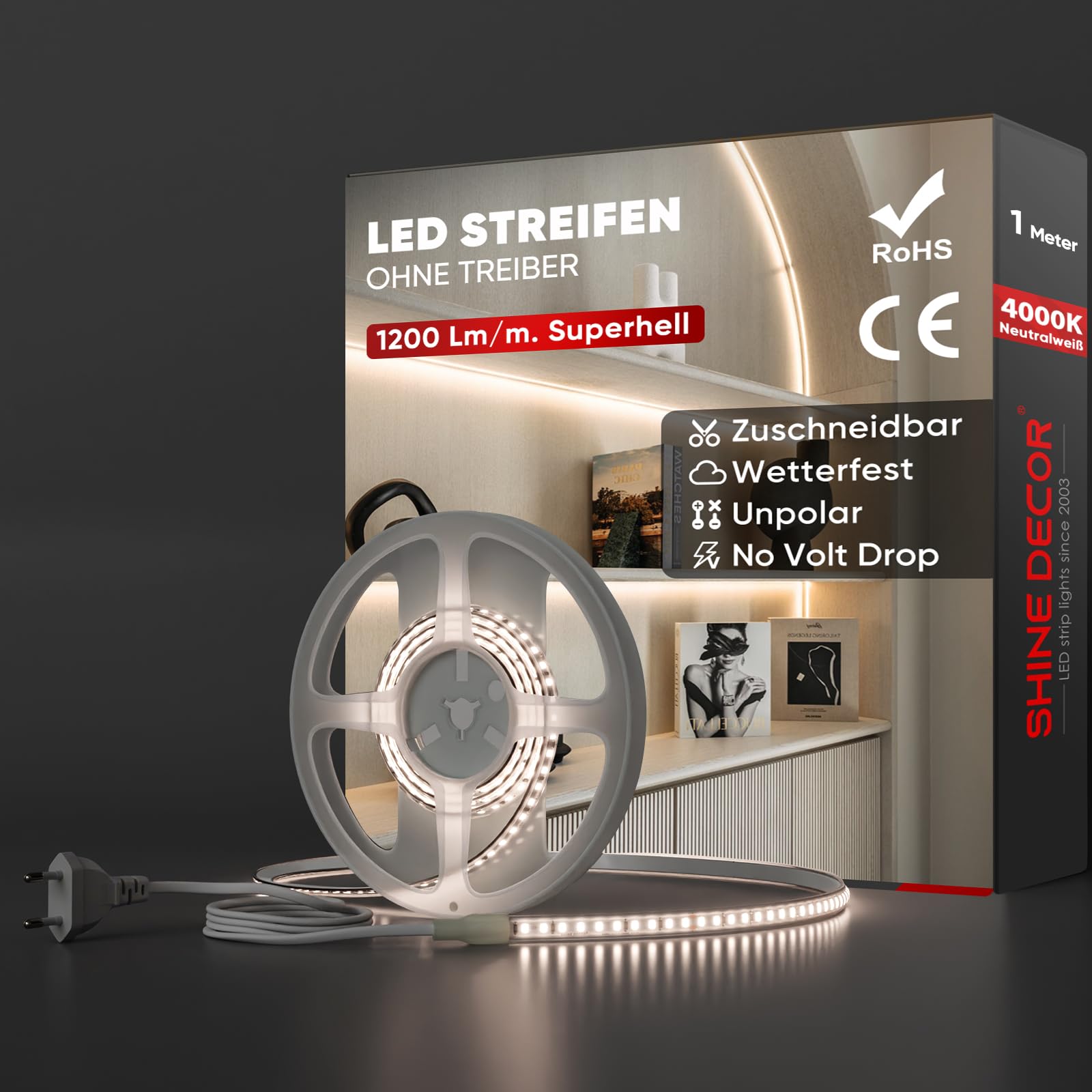 Shine Decor LED Streifen, AC 220V 230V IP65 Wasserdicht LED Band, SMD 2835 120 leds/m Ultrahohe Helligkeit Lichtleiste für Home Decoration Küche Garten LED Beleuchtung