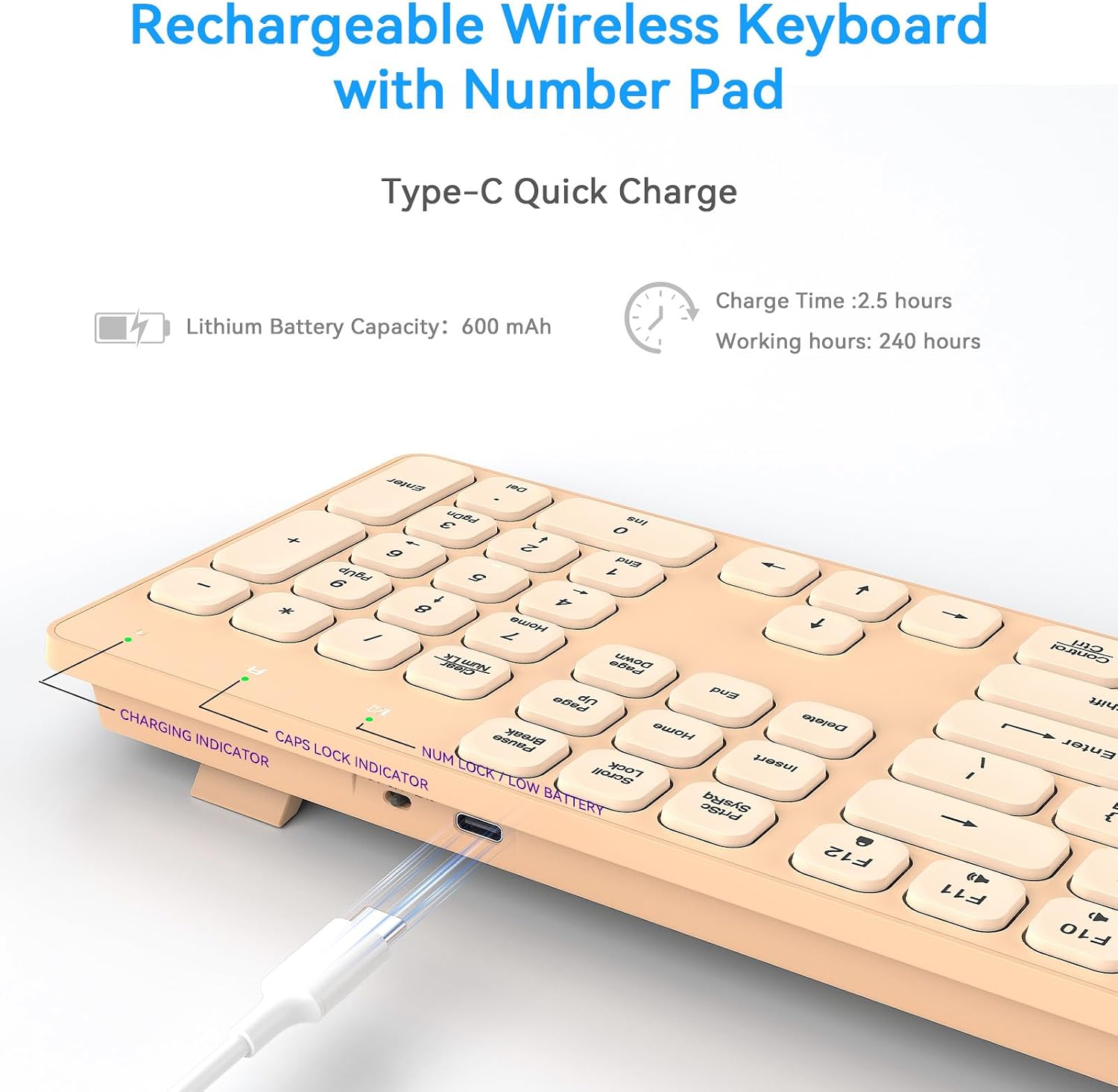 Rechargeable Wireless Keyboard for Mac and Windows, Ultra Slim 2.4GHz Full-Size Keyboard with Low-Profile Quiet Keys, Compatible with PC, Laptop, Windows 11/10/8/7 (Milk Tea)
