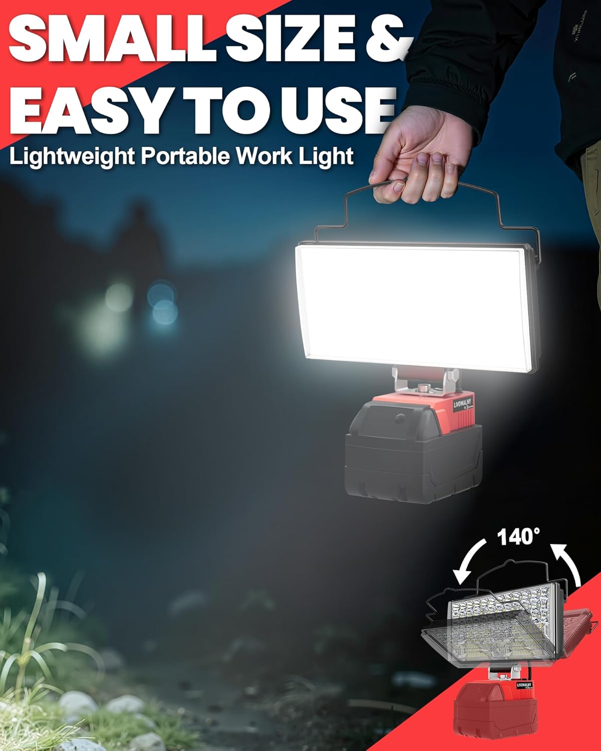 LIVOWALNY LED Work Lights Compatible with Milwaukee 18V Battery, 100W 10000LM 7" Flood Light Portable with USB & Type-C Charging Port & Low Voltage Protection 140° Pivoting Head, Battery Not Included