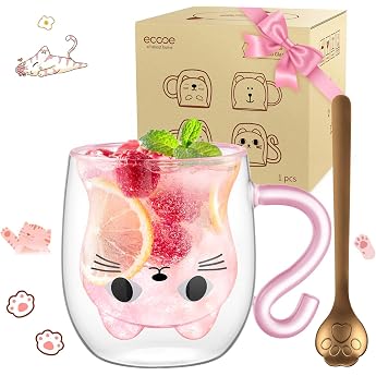 ecooe Double-Walled Cute Cat Latte Macchiato Glasses Coffee Cup 290 ml Coffee Glass Tea Glasses for Cappuccino, Latte Macchia