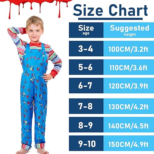 Miniatura 4 de Lyxaof Disfraz de Chucky para niños, overol a rayas, disfraz de semilla de Chucky con máscara de cuchillo, terror, Halloween, cosplay, vestido
