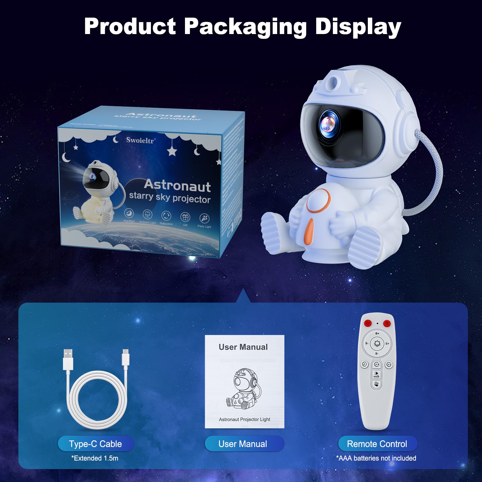 Proyector estrellas techo, LED astronauta proyector estrellas mando a distancia, 8 modos de nebulosa & 5 modos de luminosidad y velocidad, luz nocturna de cohete, lámpara proyector estrellas niños