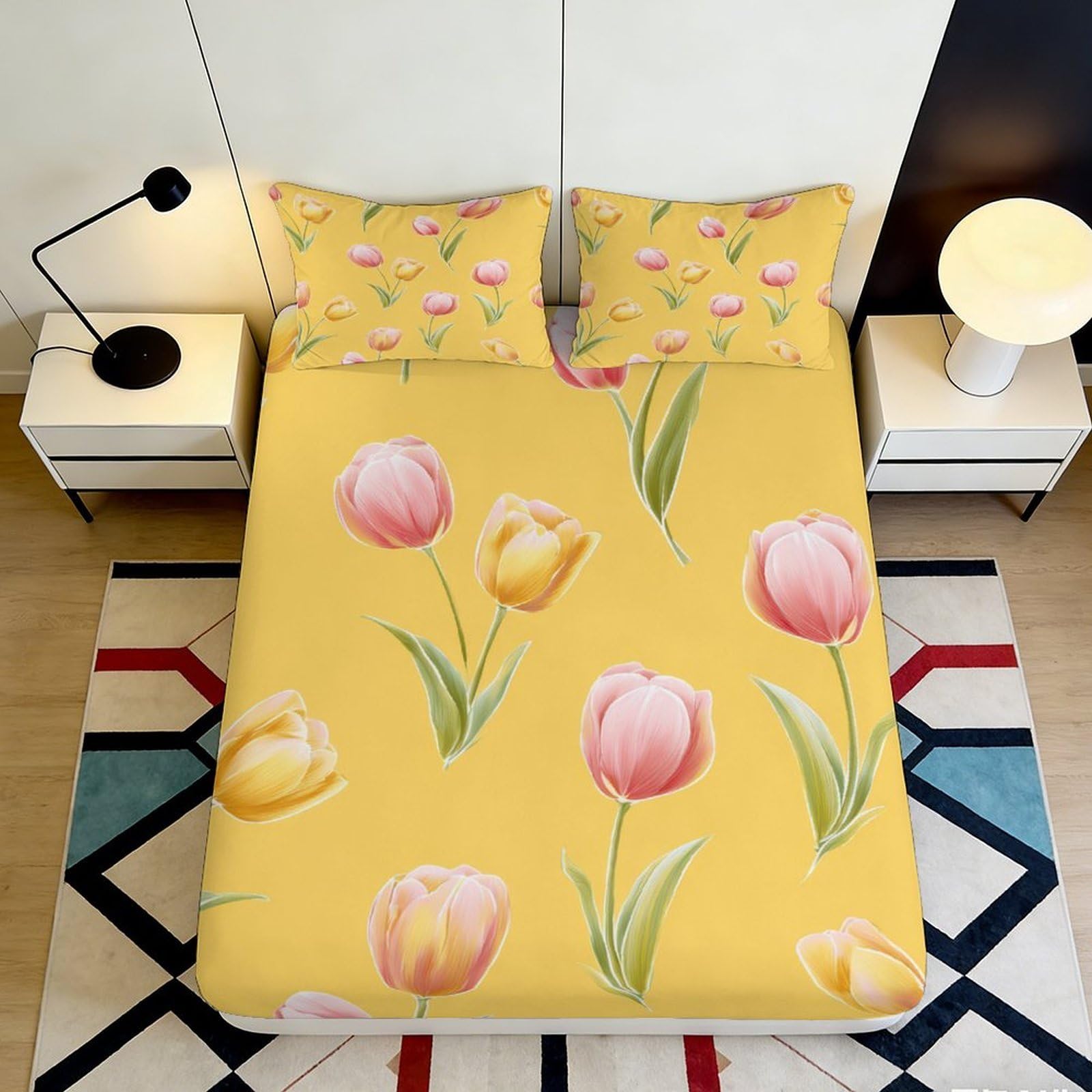 Uynsixtme Style-3 3D Printed Tulip Floral Fitted Sheet Microfiber Deep Pocket Elastic Hem Tulip Mattress Fitted Cover Washable Non-Slip For Home 140X200x25cm