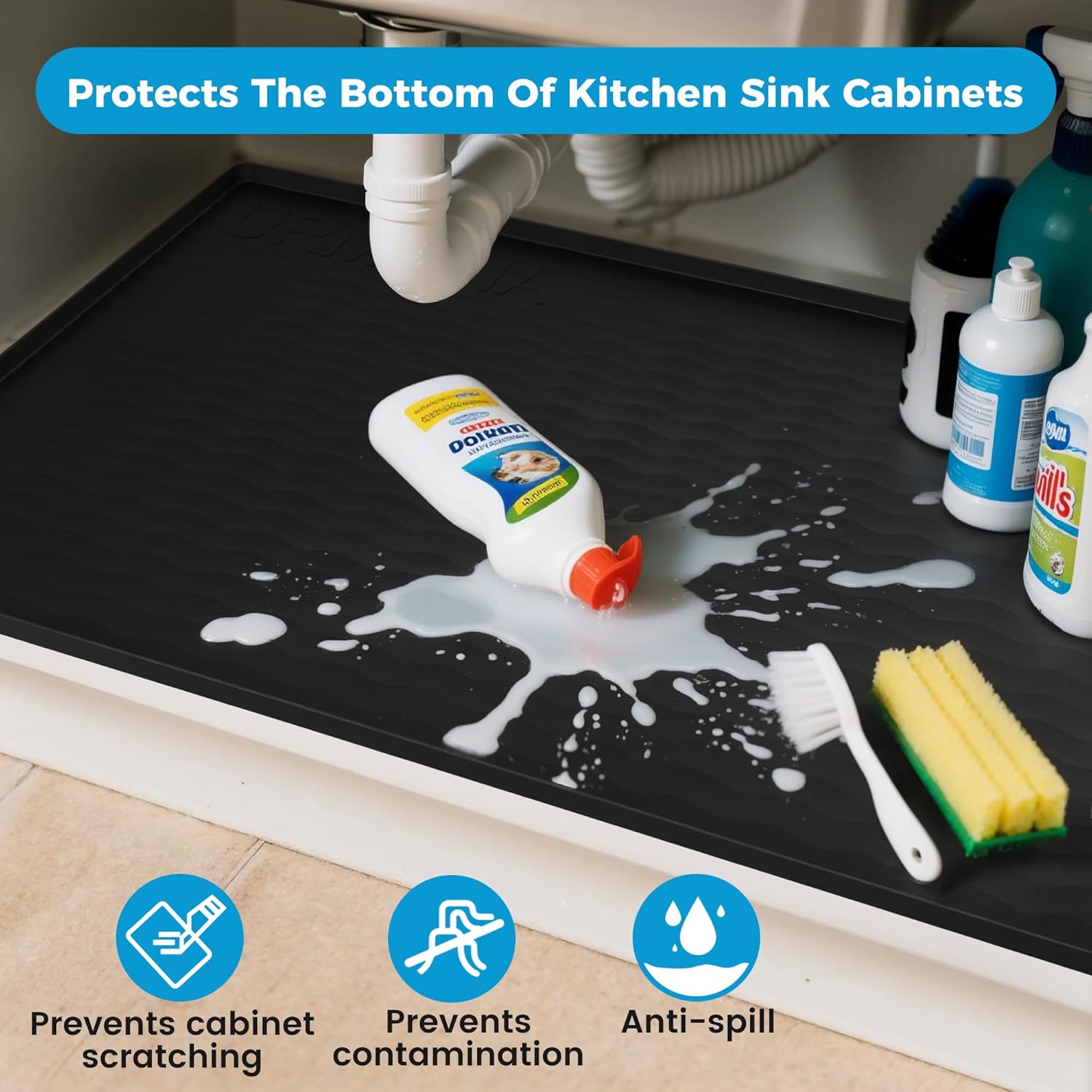URMONA 34'' x 19'' Waterproof Silicone Under Sink Mat Cabinet and Counter Protector, Shelf Liner for Kitchen and Bathroom, Storage and Organizers, Litter Mat, Pet Cat Puppy Essentials(Khaki)