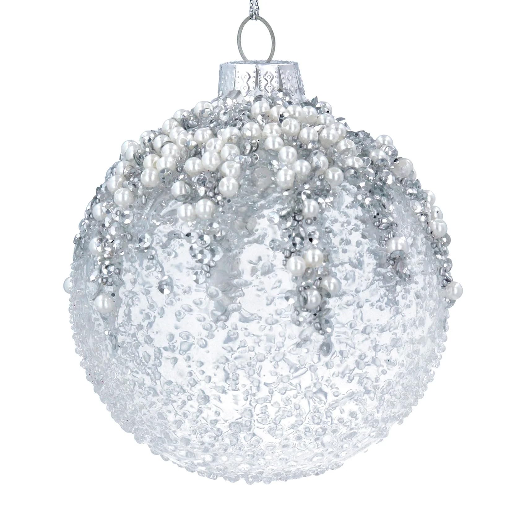 Gisela Graham Silver Single 8Cm Textured Glass Bauble With & Pearl Bead Embellishments
