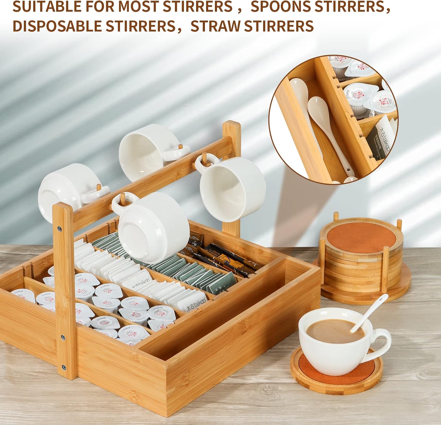 MinBoo Bamboo Coffee Pod Holder with 4 Mug Holder & Stirrers Storage Lattice 23- 36 Capacity k Cup Holder Tea Organizer Home or Office Kitchen Counter Coffee Station Organizer : Home & Kitchen
