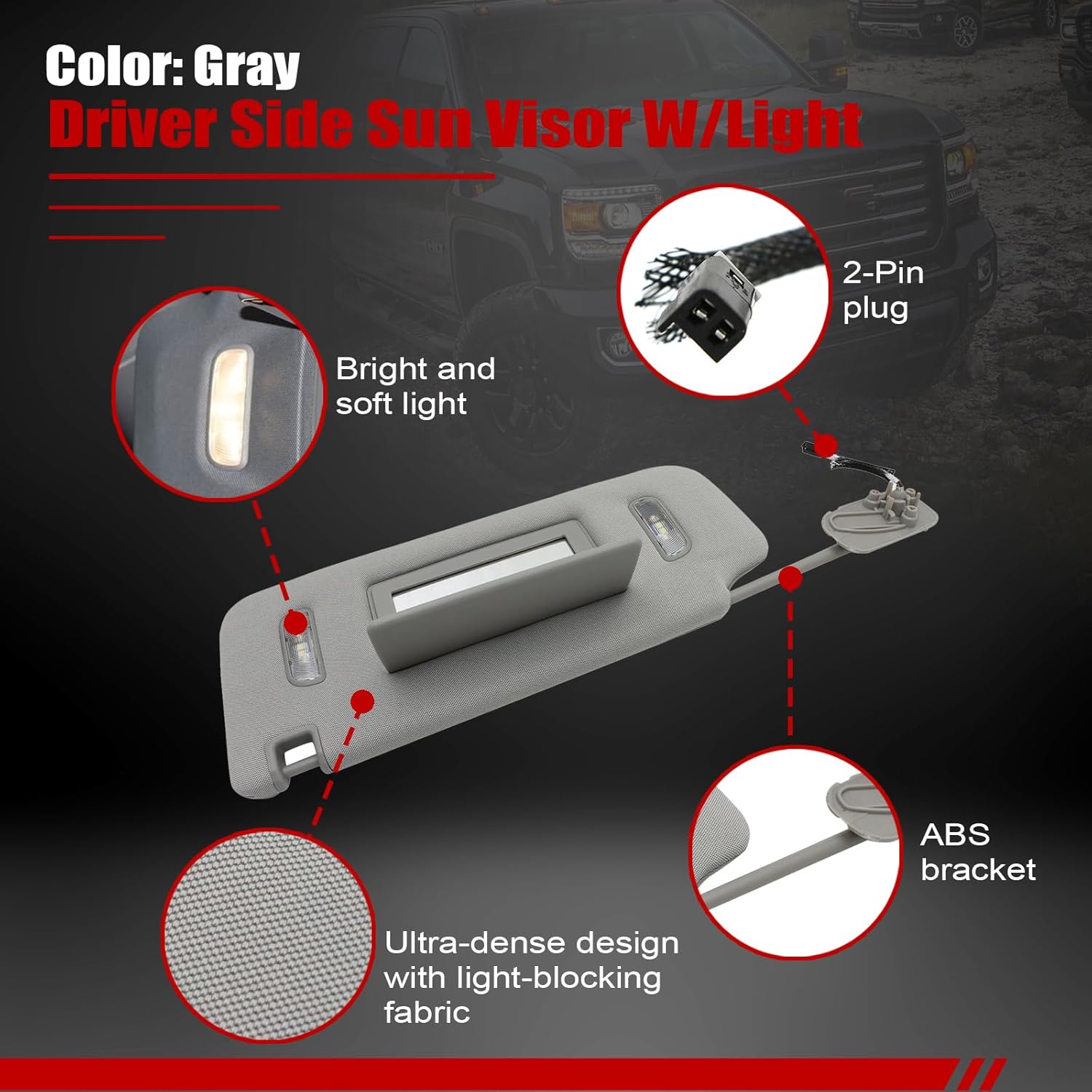 SecosAutoparts Gray Driver Side Sun Visor W/Light Fit for Chevrolet Silverado 1500 2500 3500 Suburban Fit for GMC Sierra 1500 2500 3500 Yukon Fit for Cadillac Escalade Replace# 23459655 22870346