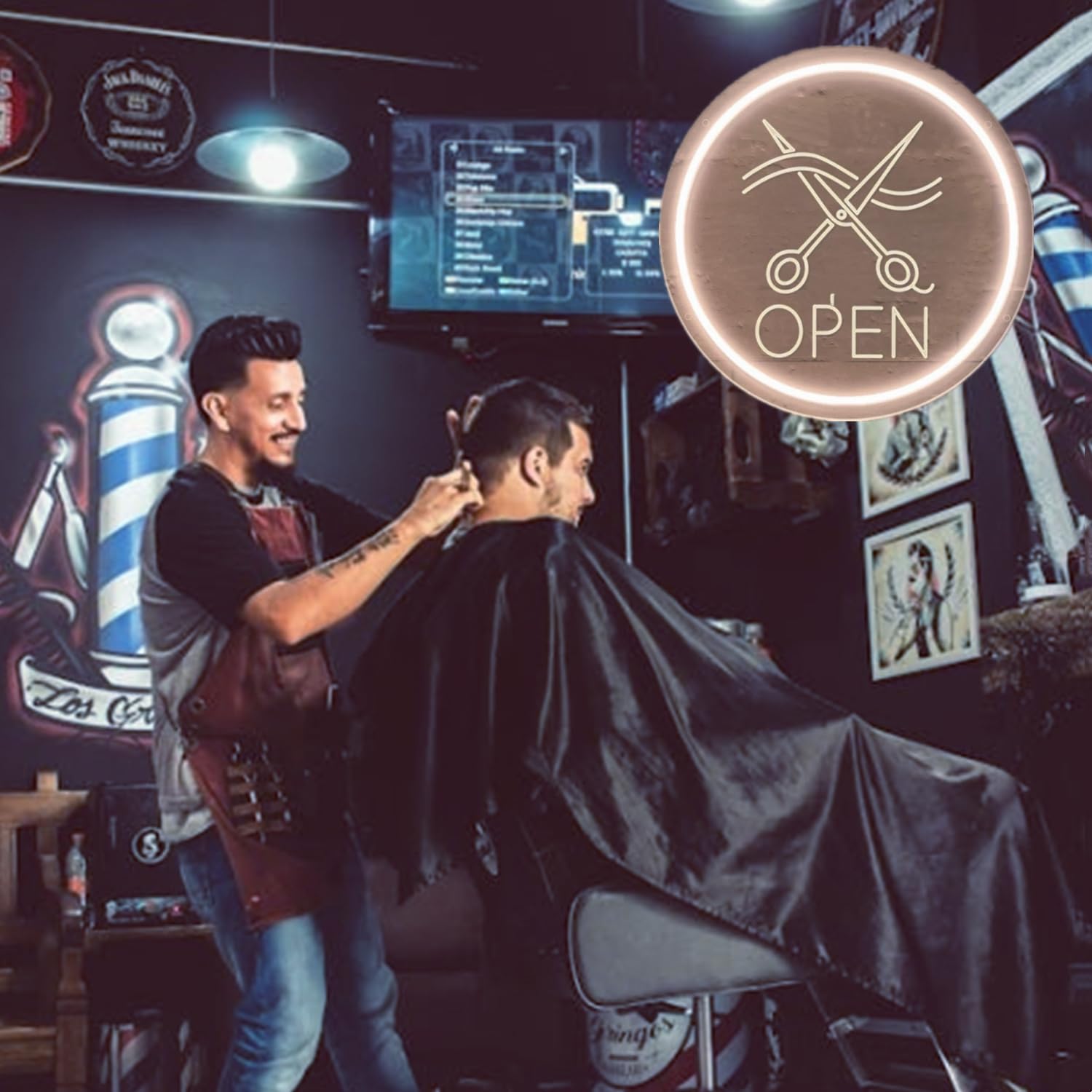 Large Round Neon LED Barber Sign for Barber Shop Wall and Window Decor Hair Salon Barber Studio Open Light Up Sign with Dimmable Switch and Hanging Chain Gifts for Hairdresser 30x30CM - Image 4