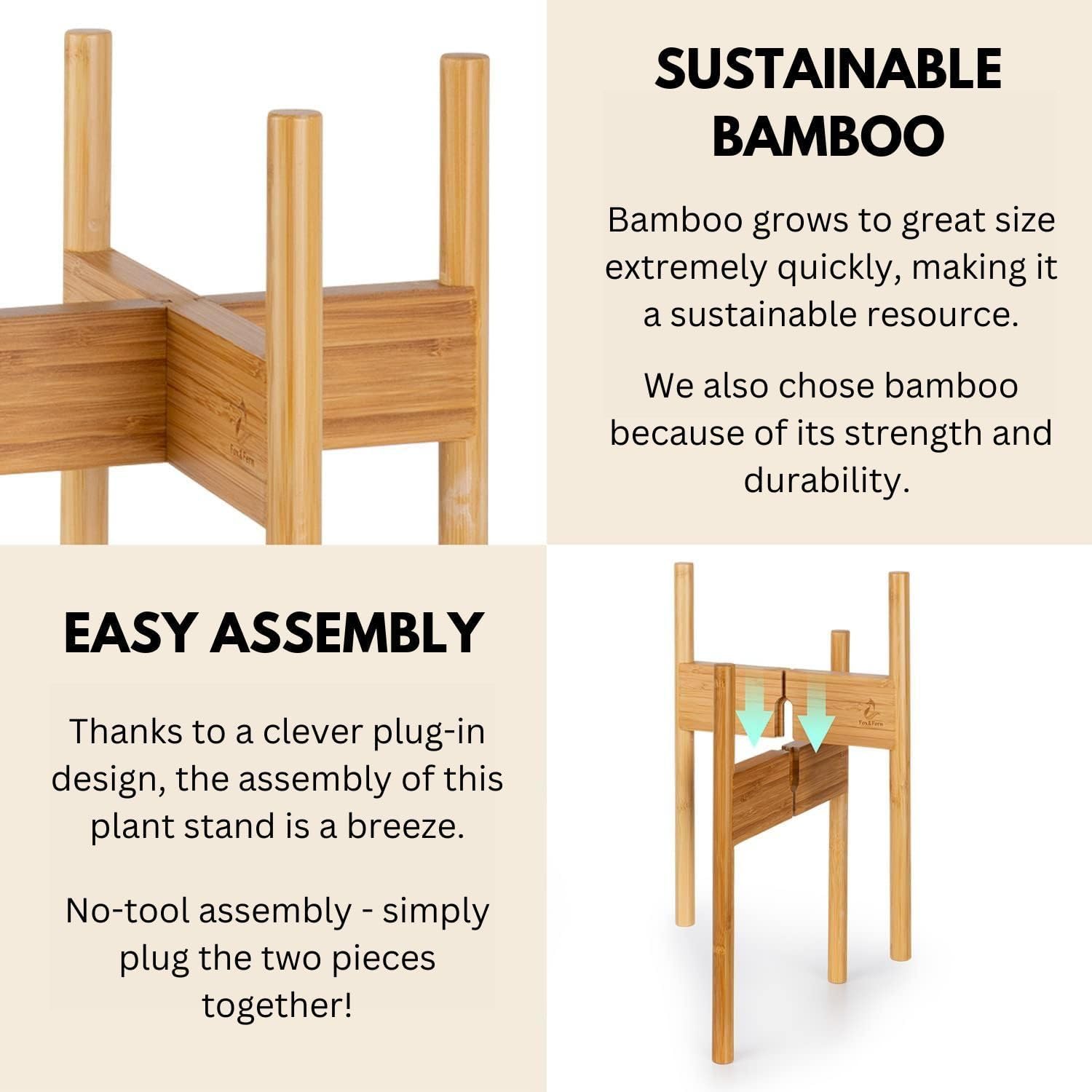 Fox & Fern Bamboo Plant Stand — 11.8 Inch Fixed Size Wooden Mid Century Planter Stand for Indoor Planters (Not Included) - Large Flower Pot Holder for Indoor Big Pots - Plug In Design - Bamboo