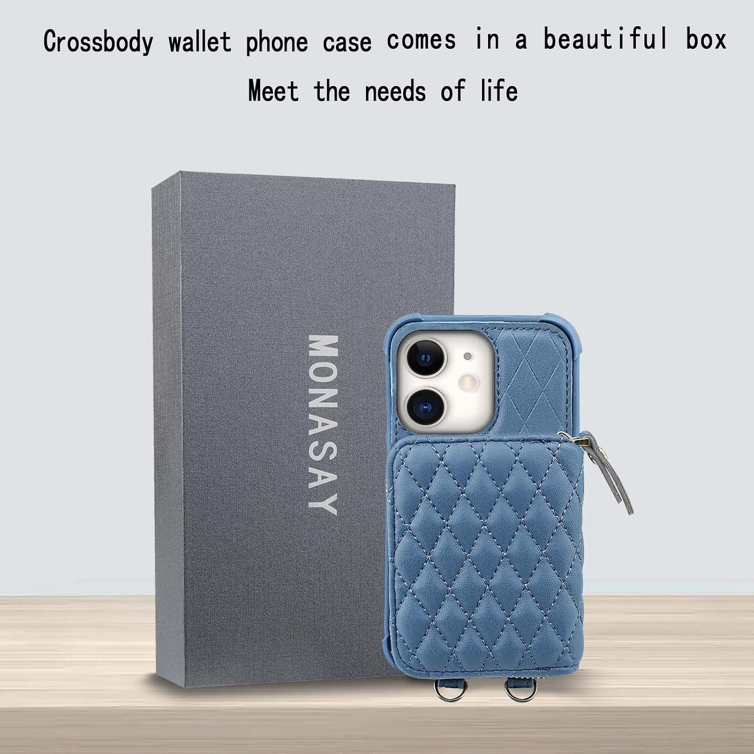 MONASAY Zipper Wallet Case Fit for iPhone 11,[Glass Screen Protector ][RFID Blocking] Flip Leather Handbag Phone Cover with Card Holder and Detachable Crossbody Shoulder Lanyard Strap, Light Blue