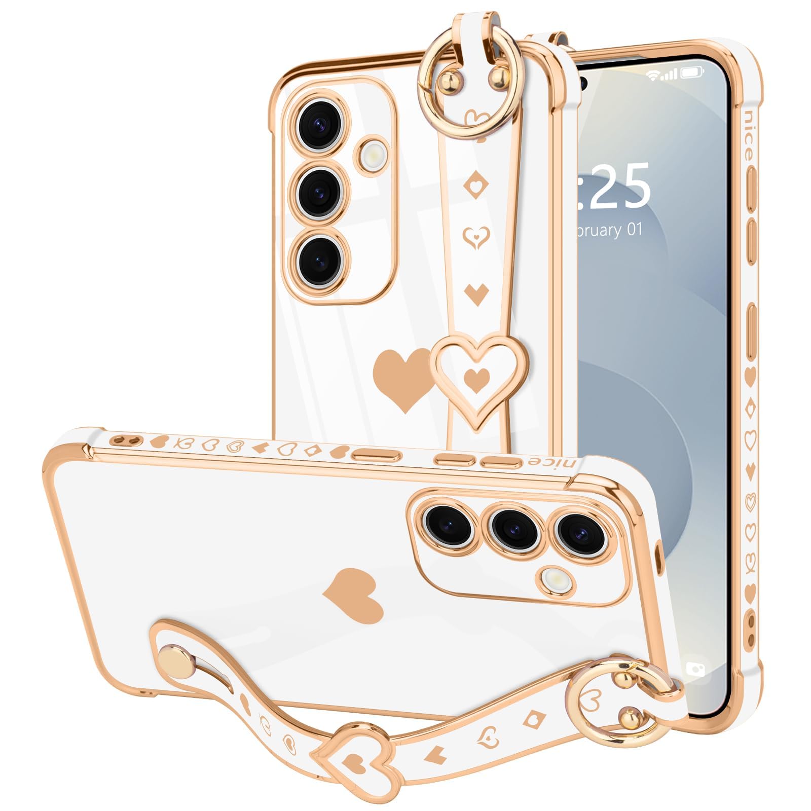 LLZ.COQUE for Samsung Galaxy S25 Case Cute Love-Heart Plating Strap Phone Cover for Women Girls Bling Silicone Camera Protection Bumper Shockproof