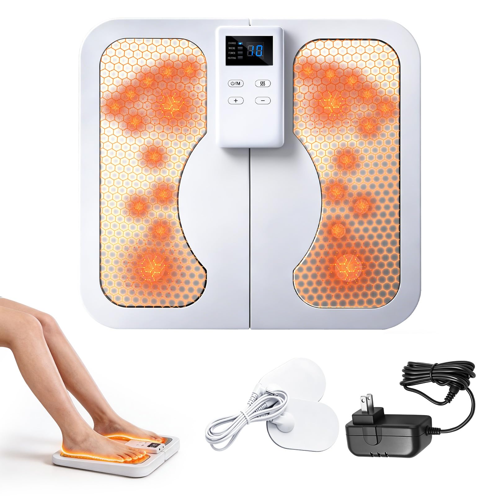 Faltbares Fußmassagegerät mit EMS/TENS, Elektrisches Fussmassagegerät mit 3 Heizstufen (38-48°C), Magnetfeldtherapie, 15-30 Min Timer für Schmerzlinderung und Förderung der Durchblutung