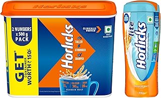 Horlicks Malt Based Food Drink Plastic Container 1 Kg & Lite 450G, Scientifically Designed For Adults High Protein, Zero Added Sugar Malt Flavor