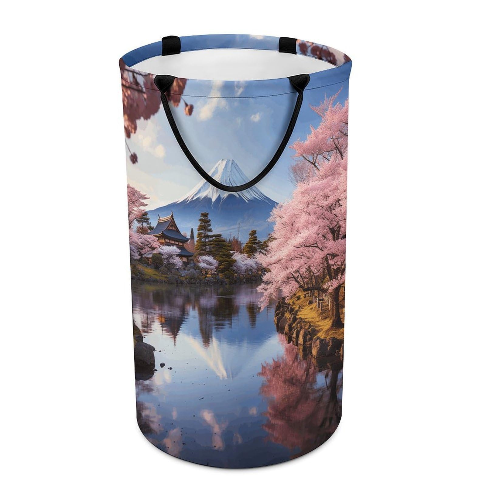 Mount Fuji Cherry Blossom Trees Laundry Basket Large Foldable Laundry Hamper with Handles Freestanding Collapsible Clothes Basket Waterproof Portable Dirty Clothes Hamper for Bathroom 86L