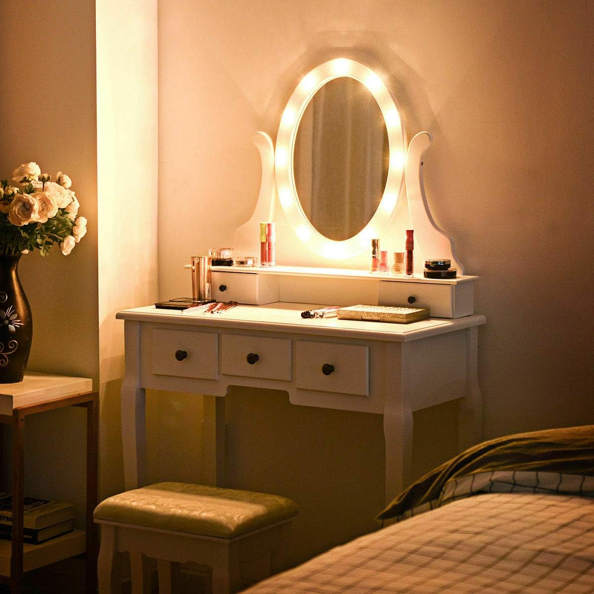 DORTALA Makeup Vanity Table Set, 5 Drawers Dressing Table w/ 360° Rotating Oval Mirror, Detachable Top, 12 LED Light Bulbs, Multifunctional Girl Dressing Table Set, White
