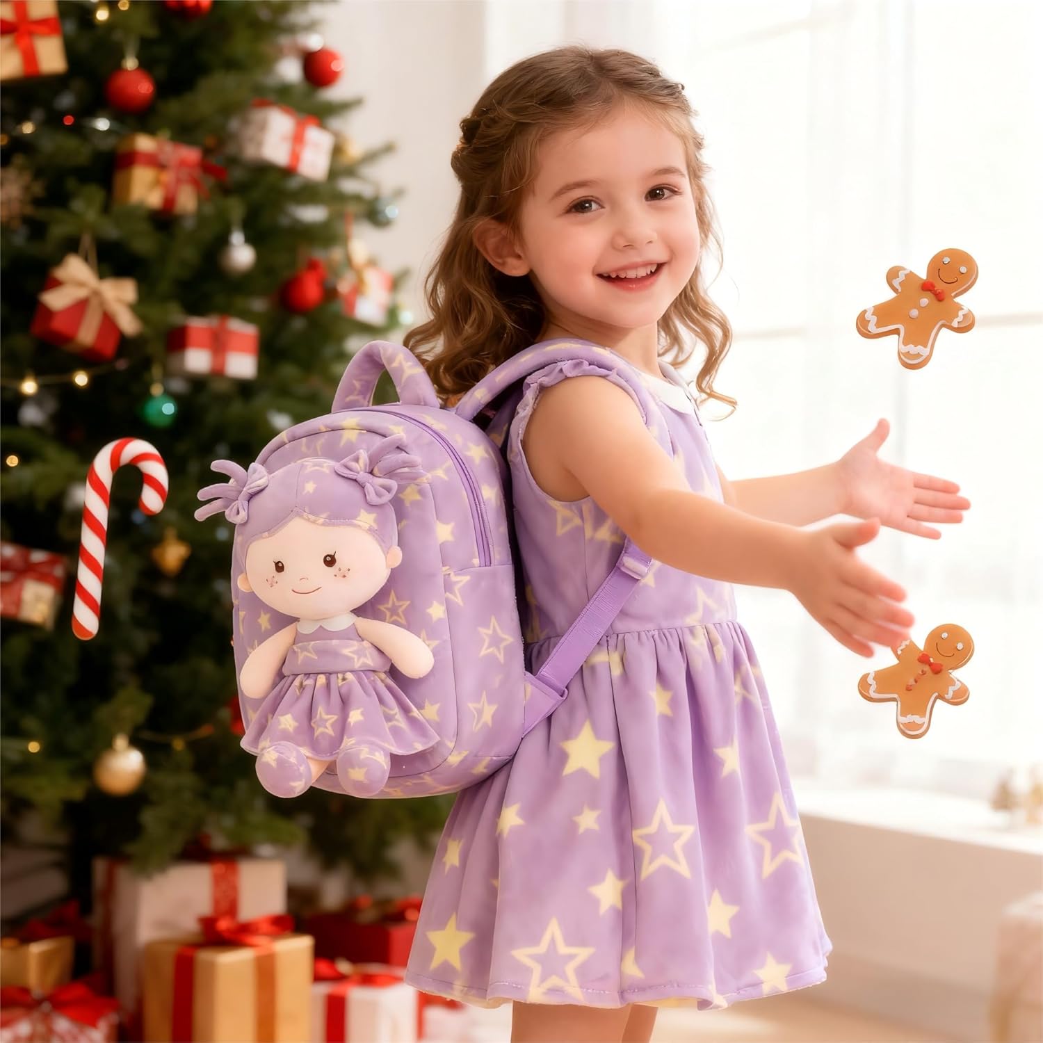 Onetoo Toddler Backpacks Back to School Gifts for Girls Kids Backpack with Soft Tanned Baby Dolls in Purple Star Dress 9" - Image 8