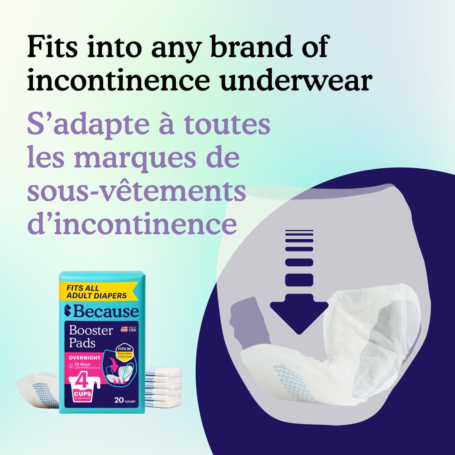 Because Overnight Booster Pads Fit All Adult Diapers, Helps Keep Your Adult Diaper Active All Night, Adds 4 Cups to Incontinence Underwear, Extra Absorbency, 22 Count (Packaging May Vary) - Image 4