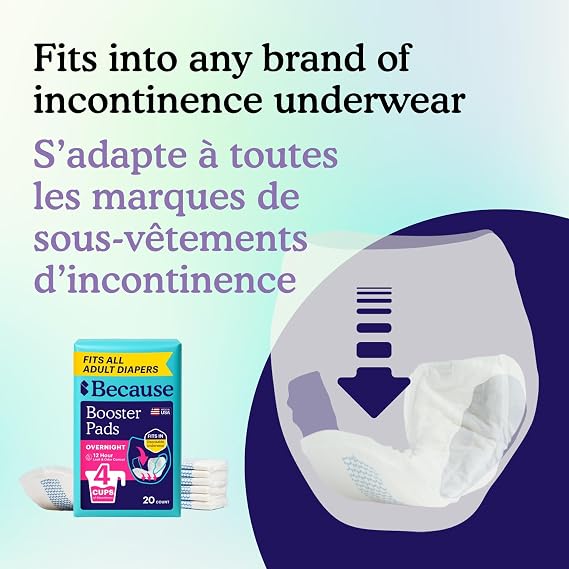 Because Overnight Incontinence Booster Pads for Men and Women, Adds 4 Cups Extra Absorbency to Adult Diapers, Super Soft, Adhesive Strip Backing, Unisex, 20 Count