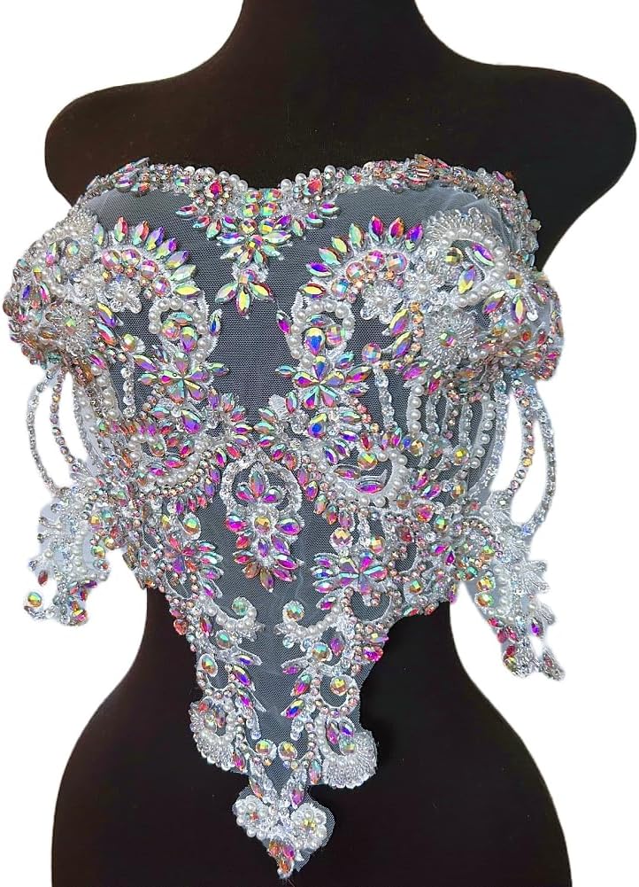 Bridal Lace Applique Patches with Beads & Rhinestones - Heavy Duty Sparkly Embroidered Fabric Ons for Wedding Dress, Gown, Corset, Prom, Evening Wear (ClearAB)