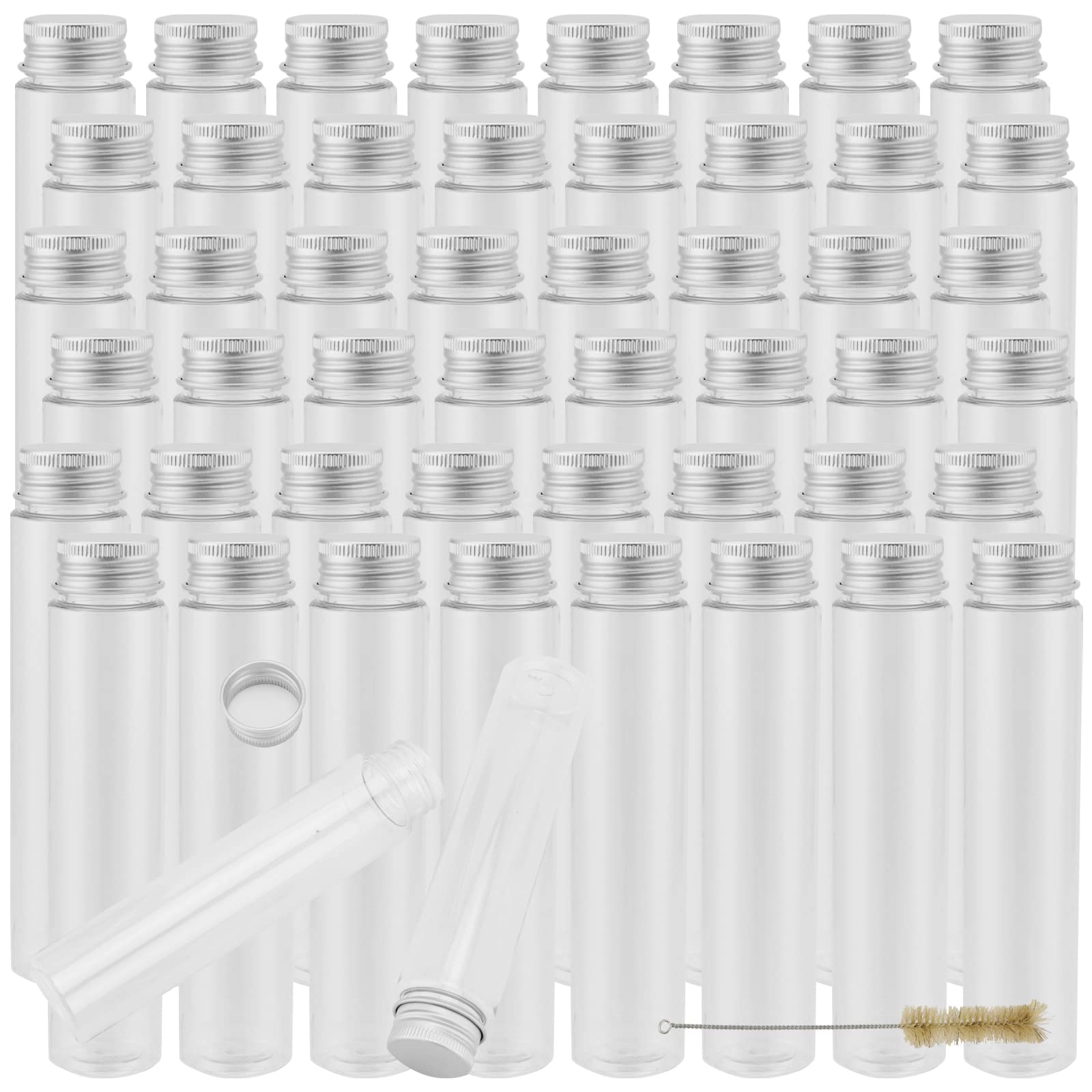 50 Pack 110ml Plastic Test Tubes with Screw Caps, Clear Plastic Test Tubes, Reusable Transparent Candy Container Tube Bottles with Cleaning Brush for Storage, Party, DIY&Craft, White