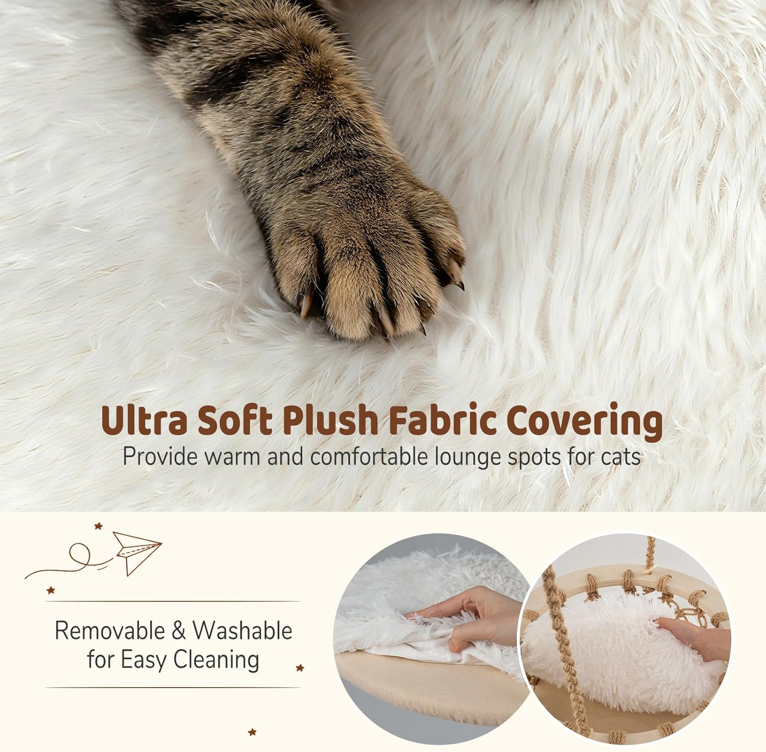 PETSITE 48.5 Inches Wood Cat Tree, Multi-Level White Modern Cat Tree with Hanging Basket, Solid Natural Peer Wood Post Wrapped with Jute Ropes, Soft Long Plush Covered Perches and Base