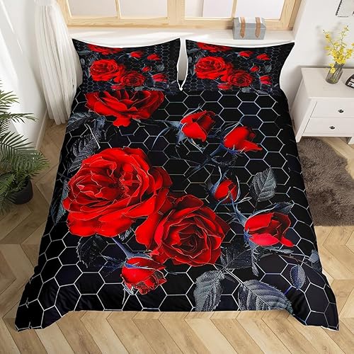 Feelyou Juego de ropa de cama de rosas rojas de lujo, funda de edredón floral para niños, adolescentes, niñas, mujeres, románticas, flores,