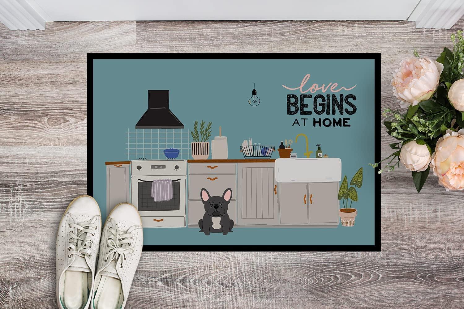 Caroline's Treasures CK7718MAT Black French Bulldog Kitchen Scene Doormat 18x27 Front Door Mat Indoor Outdoor Rugs for Entryway, Non Slip Washable Low Pile, 18H X 27W