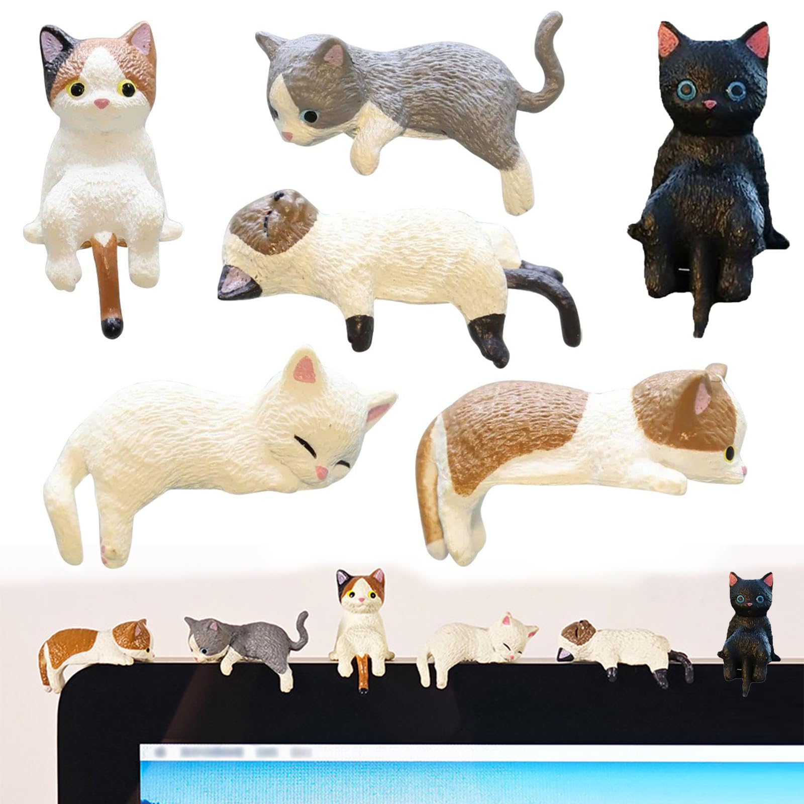 6 sztuk dekoracyjnych figurek kota, na monitor, biurko, dekoracja kota, mini figurka kota z żywicy, zestaw siedzących statuetek do biura, na ekran komputera, do samochodu, deski rozdzielczej