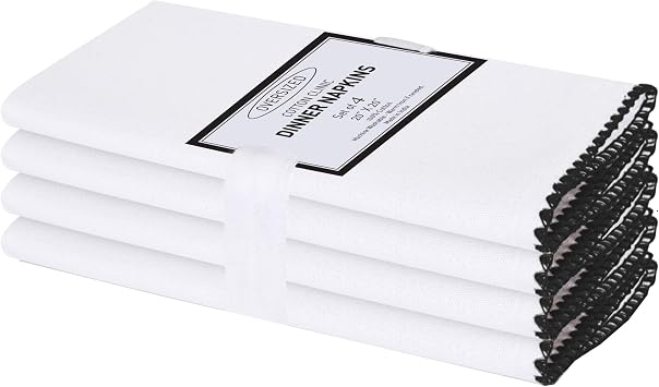 Cotton Clinic Cloth Napkins with Trim 20x20 Inch 100% Cotton Set of 4 - Everyday Use Table Napkins Soft Durable Washable - Ideal for Dining Weddings Holidays Easter - Dinner Napkins White Black