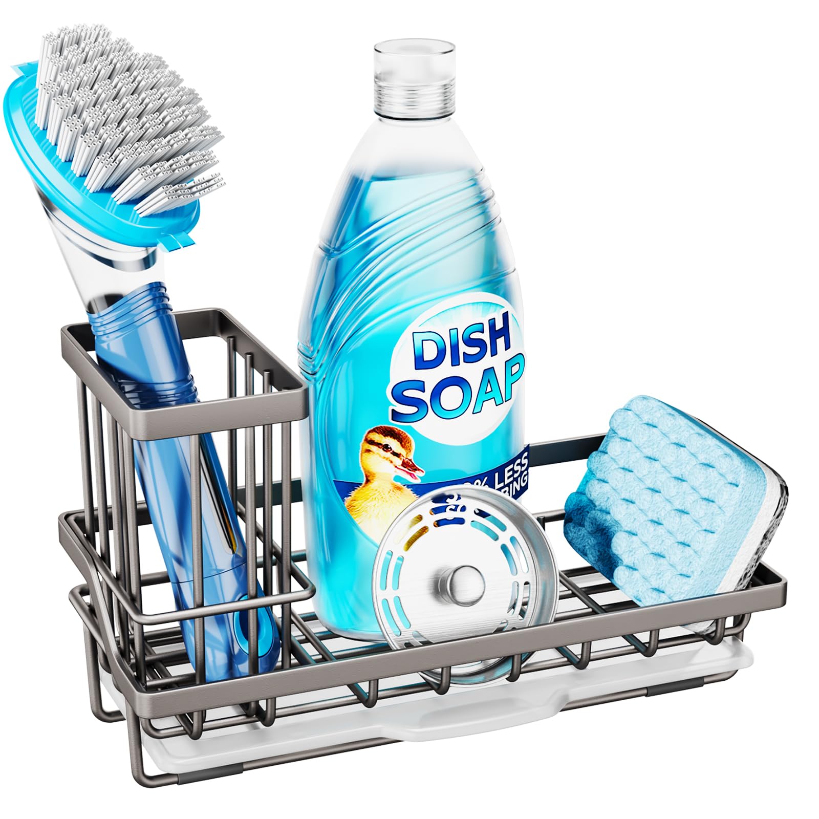 Consumest Sponge Holder for Kitchen Sink, Sink Caddy Organizer with Removable Drip Tray, Countertop Dish Soap Holder and Brush Holder, 304 Stainless