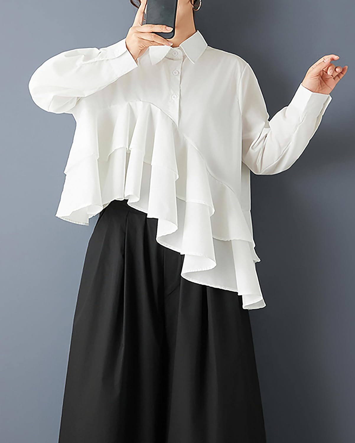ellazhu Women's Oversized Asymmetrical Ruffle Shirt Lapel Collar Long Sleeve Loose Fit Black Blouse Casual GZ801 A