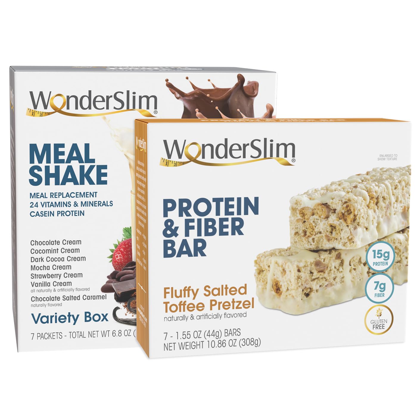 WonderSlim Aspartame Free Meal Shake Variety Pack & Fluffy Salted Toffee Pretzel Protein and Fiber Bar Bundle