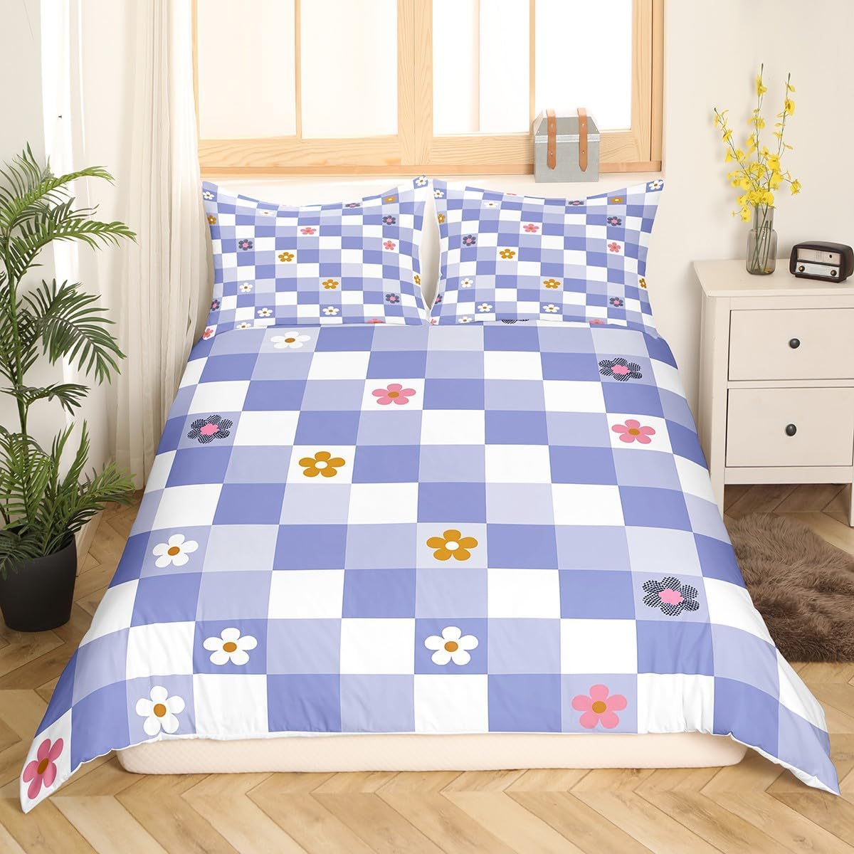 Watercolor Daisy Duvet Cover Toddler Size,Bohemian Flowers Floral Soft Bedding Set,Purple White Geometric Grid Comforter Cover Bedding 2 Piece (No Comforter),Cartoon Girly Quilt Cover,1 Pillowcase