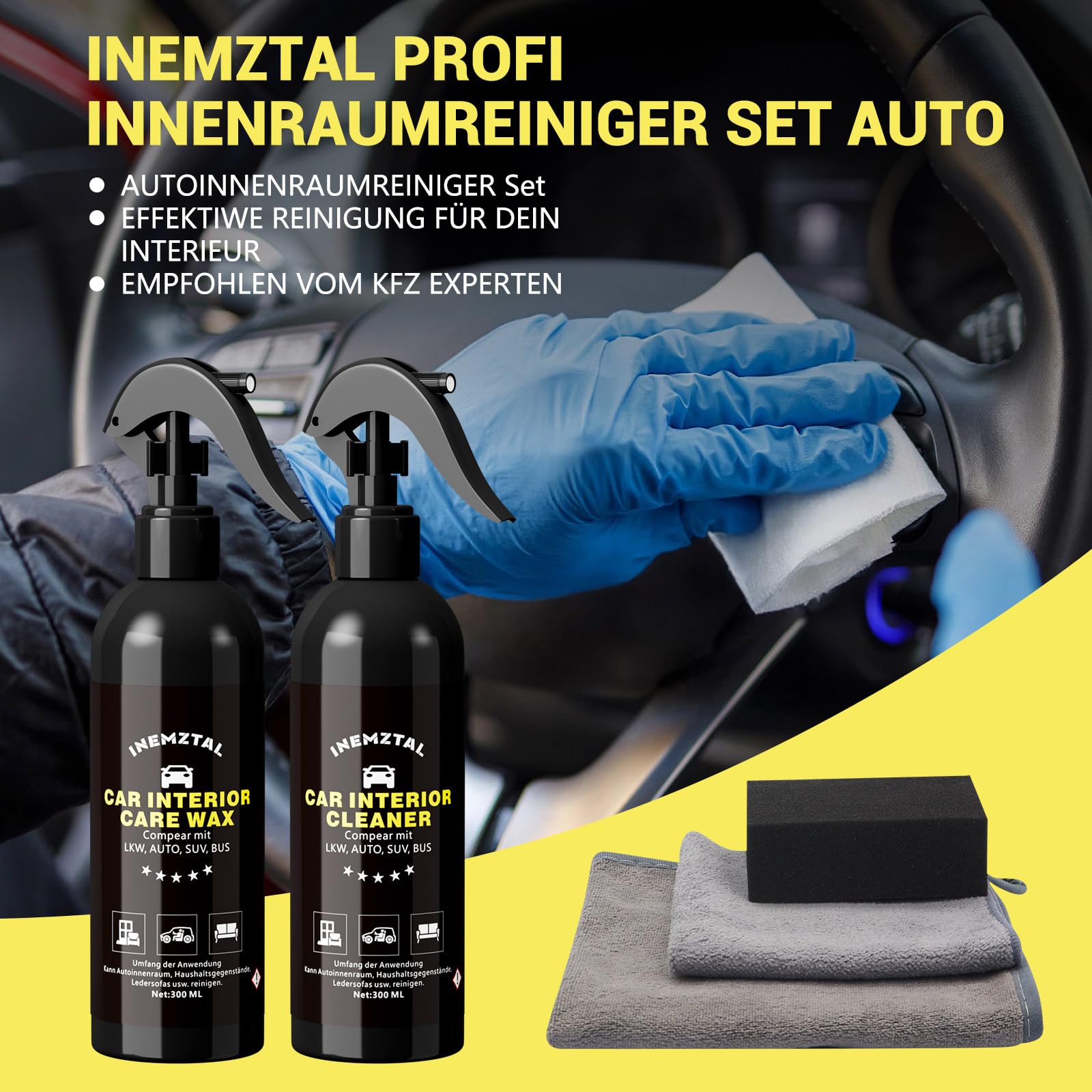 Set Professionale per la Pulizia dell'Interni dell'Auto, Pulizia Profonda di Tutti i Materiali dell'Autoveicolo, Include 300ml di Detergente per Interni, 300ml di Cura per Interni, Cera Professionale