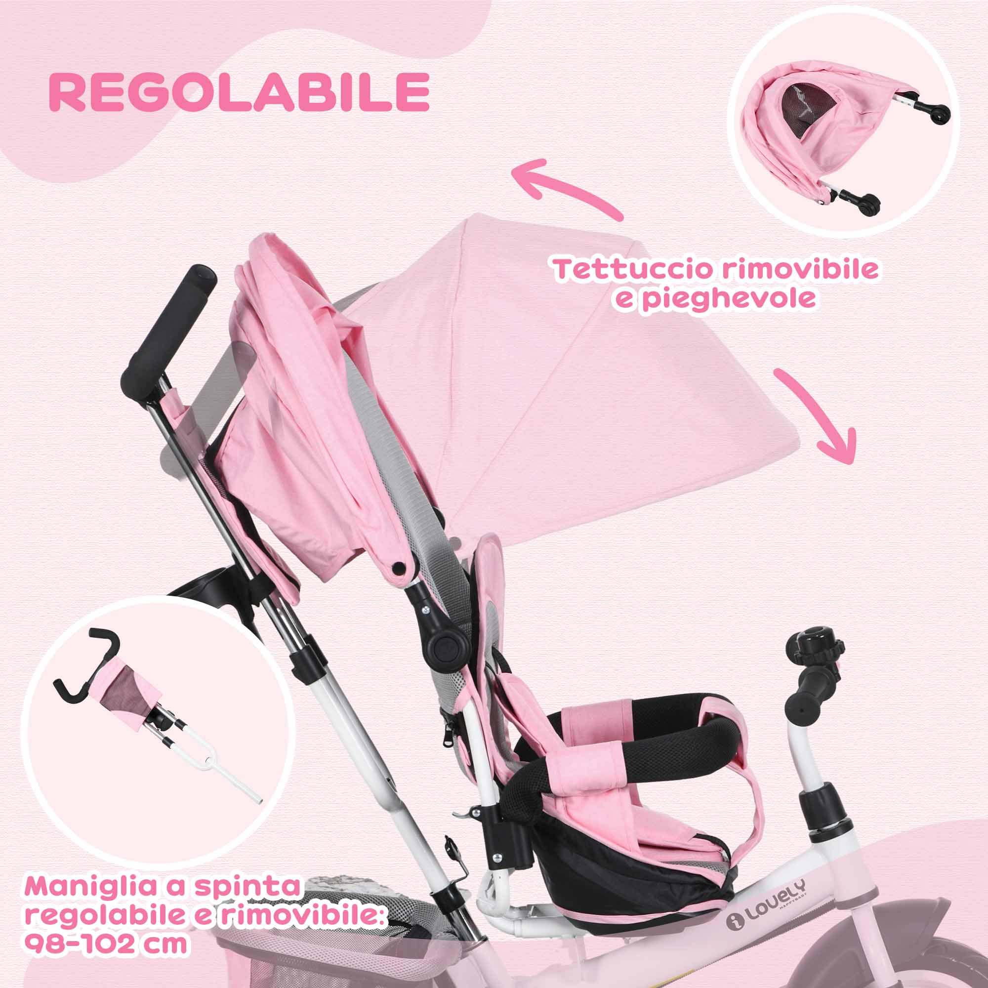 HOMCOM 6 in 1 Triciclo per Bambini 1-5 Anni 102x49x102 cm Bianco e Rosa | Evolutivo, Maniglione, Tettuccio Regolabile, Cintura e Cestino, Passeggino Triciclo, Metallo e Poliestere
