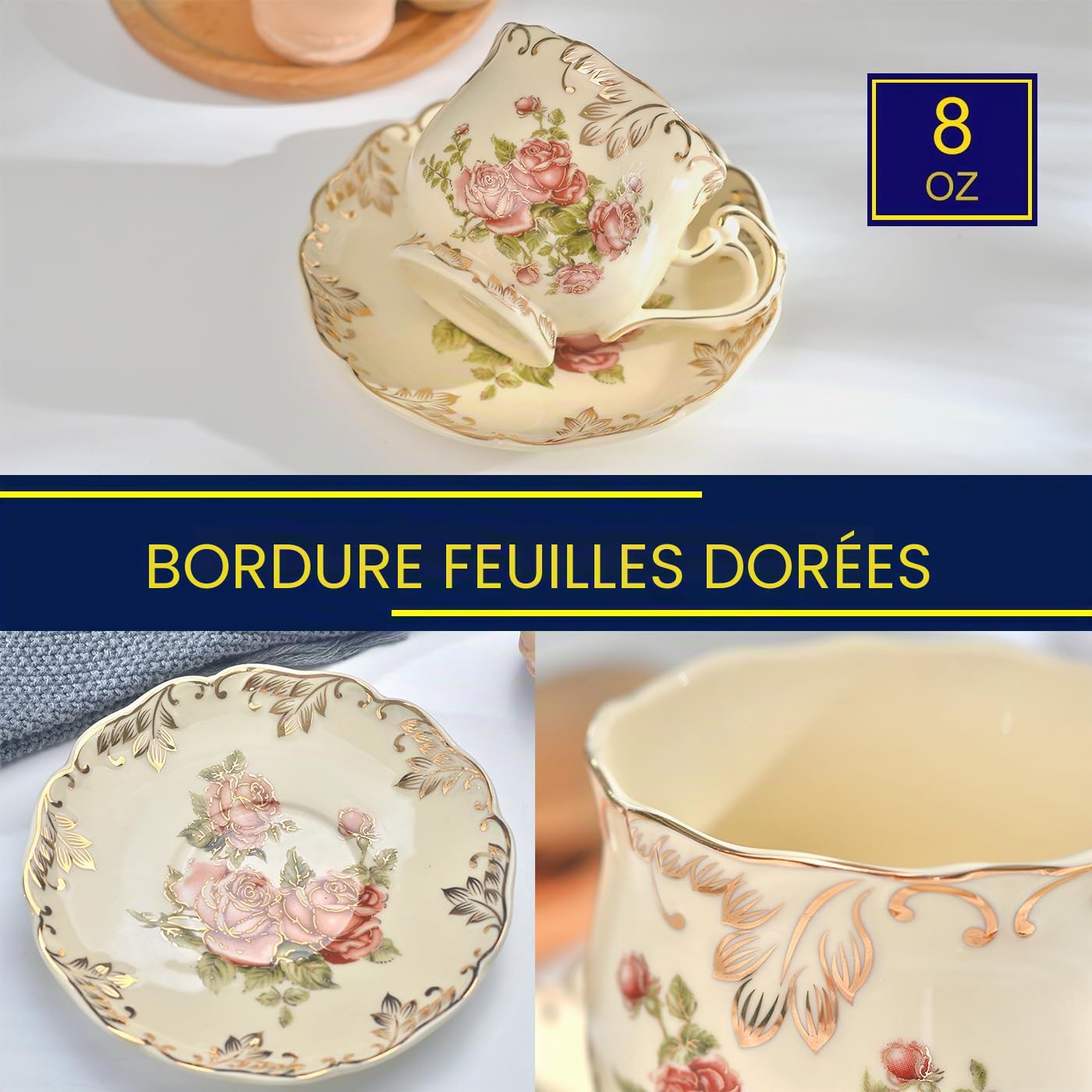 Yolife Floral Tasse à thé et Soucoupe Set, Vintage Ensemble de Service à thé 2 Cup Rose Pattern Ivoire