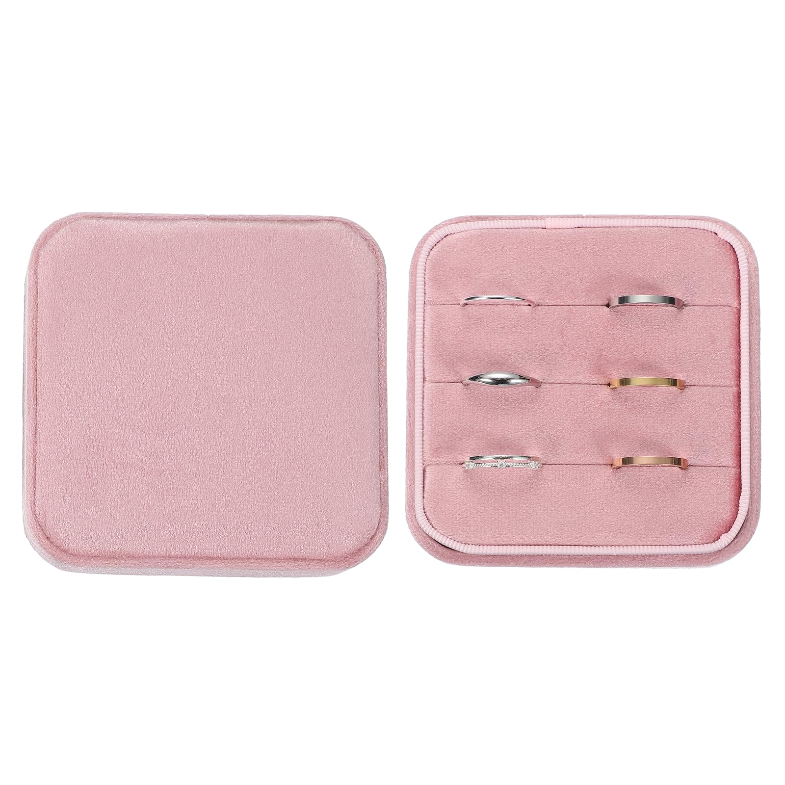 Boîte à bagues en velours rose pour une demande en mariage romantique à 3 emplacements
