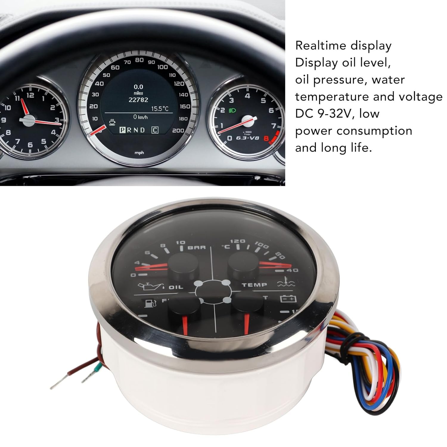 4in1 85mm Gauge Multifunction Fuel Level Oil Pressure Water Temp Volt Meter, DC 8-16V 4 in 1 Gauge for Car RV Boat Motorcycle, Stainless Steel Frame (Black °C/BAR)