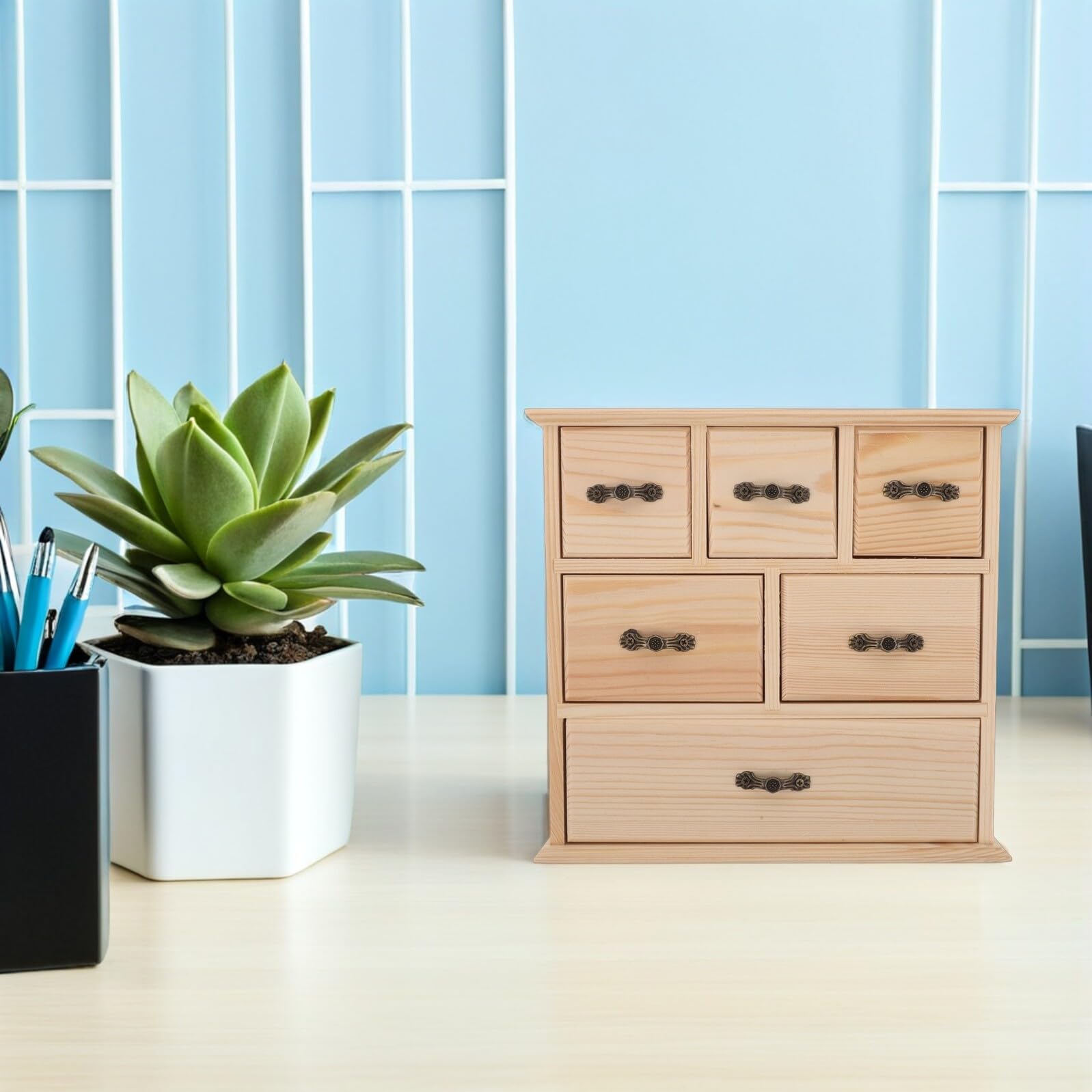 Scrivania in legno con mini cactus per forniture per ufficio cancelleria cosmetici – rete in legno salvaspazio per casa e piccoli spazi di lavoro