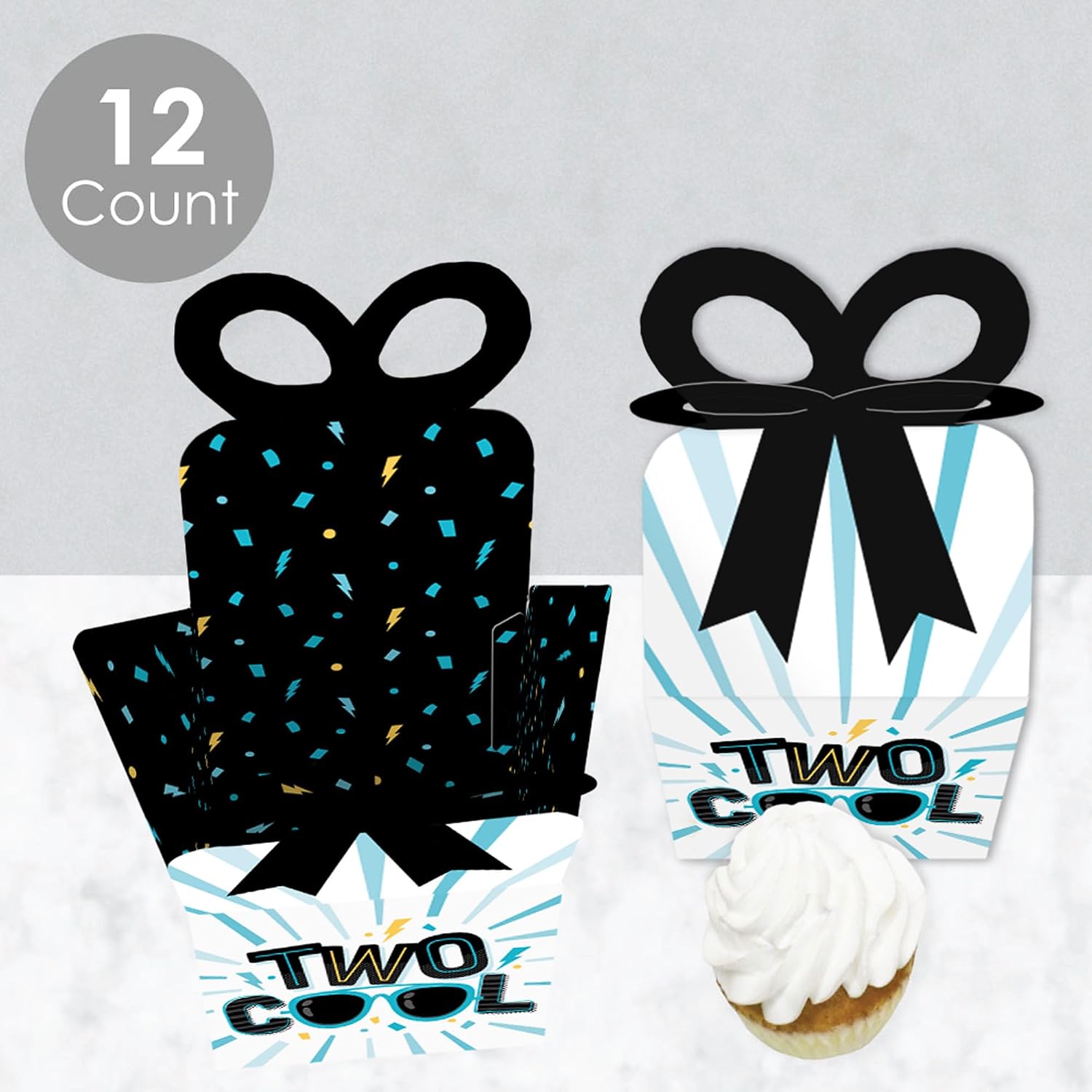 Big Dot of Happiness Two Cool - Boy - Square Favor Gift Boxes - Blue 2nd Birthday Party Bow Boxes - Set of 12
