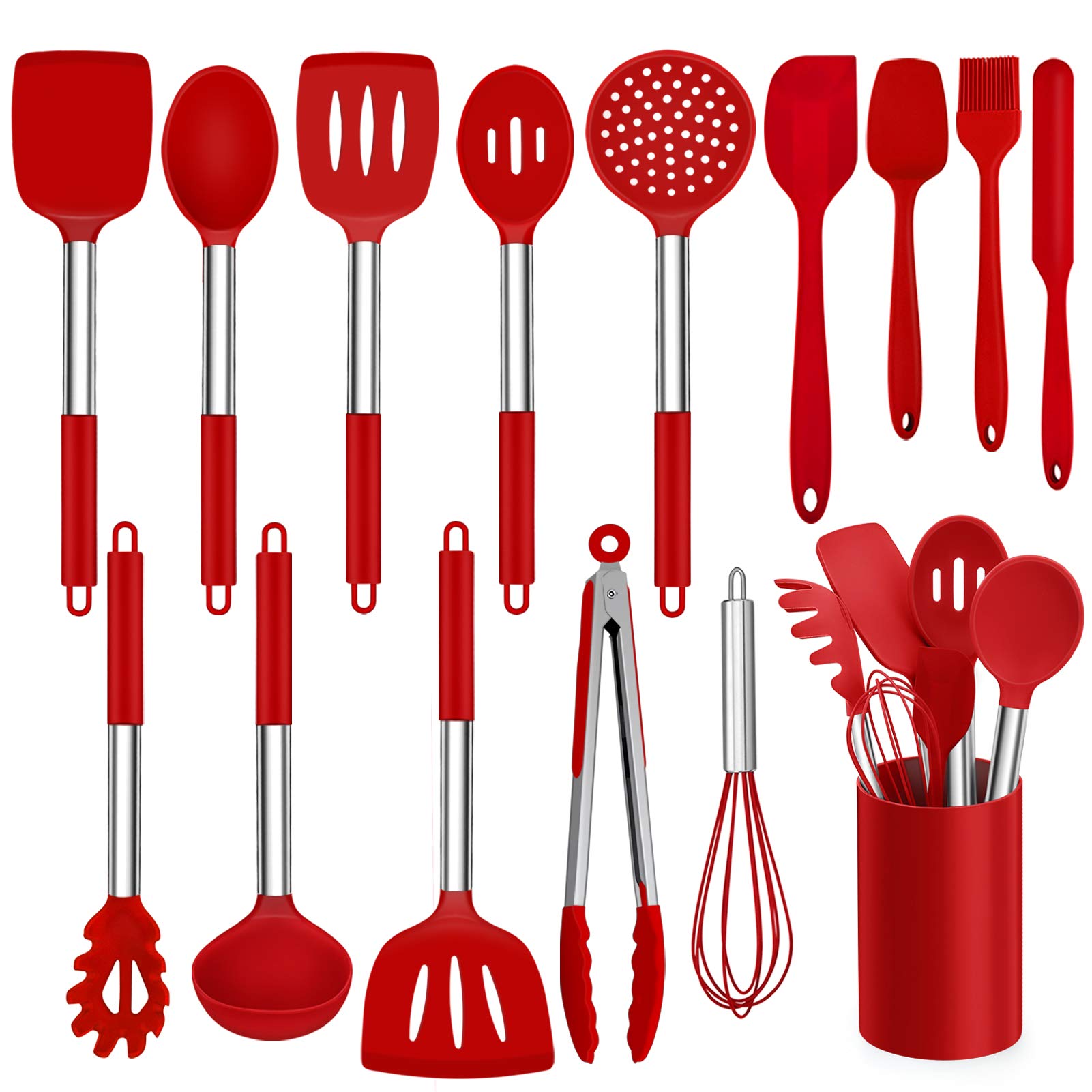 Kitchen Utensil Set, Homikit 15 Piece Silicone Cooking Utensils Spatulas Set with Holder, Heat Resistant Kitchen Tools Turners Spatulas Spoons for Non Stick Cookware, Stainless Steel Handle (Red)