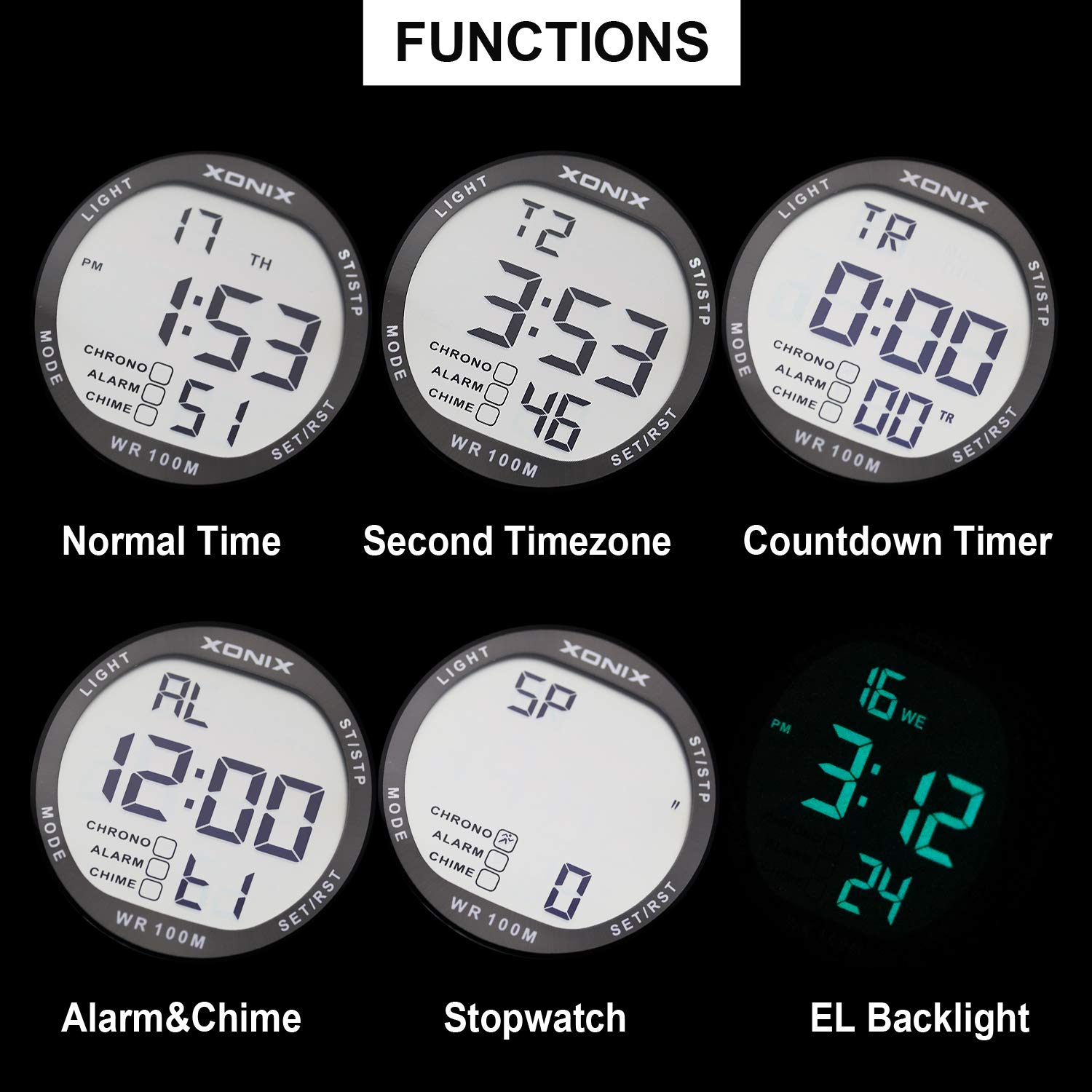 Herren digitale LED Uhr mit geringem Verbrauch Multifunktions wasserdicht 100 m Wassersport Tauchen Schwimmen Silikonarmband Durchmesser 44 mm…