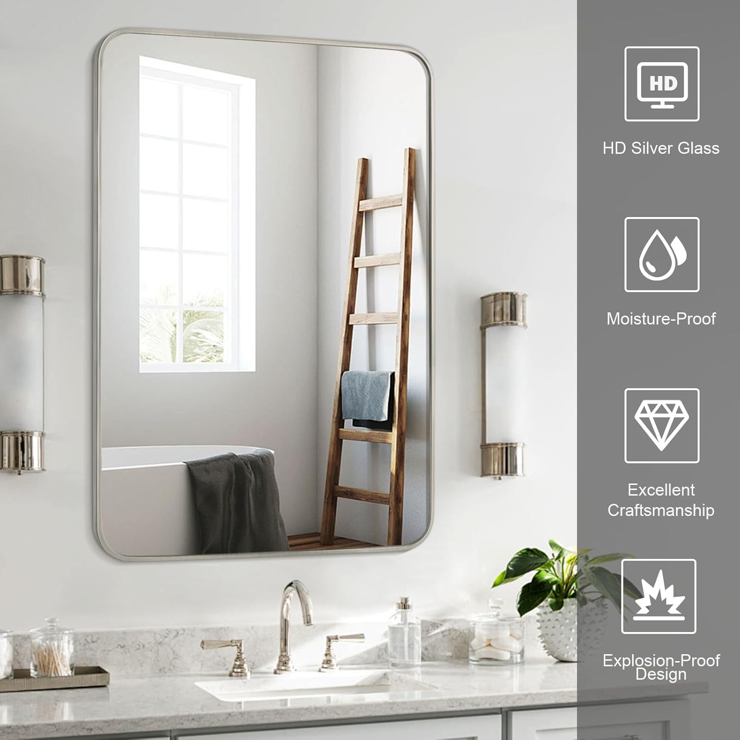 Bathroom Mirror Brushed Nickel, 30 x 42 Inch Metal Frame Rectangle Mirror Rounded Silver Modern Vanity Mirror Anti-Rust for Bathroom, Farmhouse Wall Mounted Vertically/Horizontally