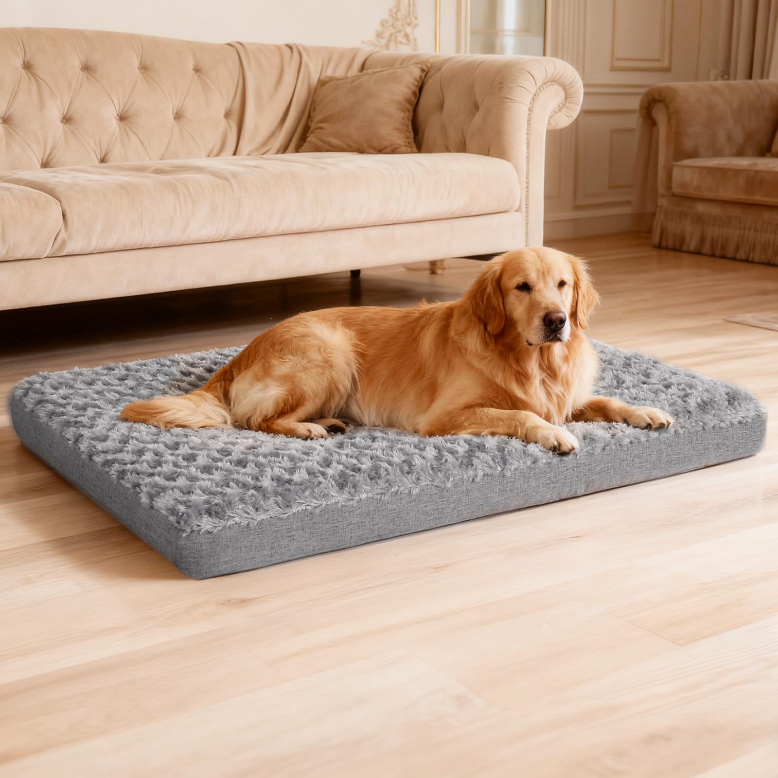 Sivomens Dog Bed, Dog Bed for Large Dogs Washable, Dog Crate Bed with Removable Cover & Faux Fur, Soft Plush Memory Foam Orthopedic Dogs Bed Mat, Supports Dogs Up to 80 Lbs, Deep Grey