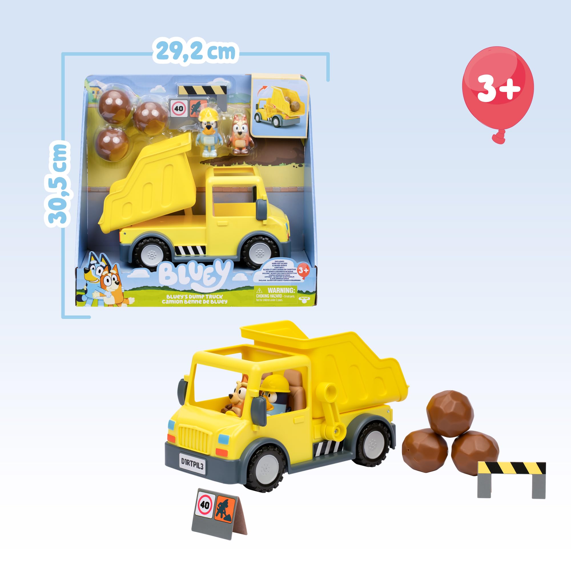 Bluey Dump Truck, śmieciarka, w zestawie figurka przyjaciela, w zestawie naklejki, 2 alerty i 3 plastikowe skały na przygodę, słynną przygodę (BLY96000)