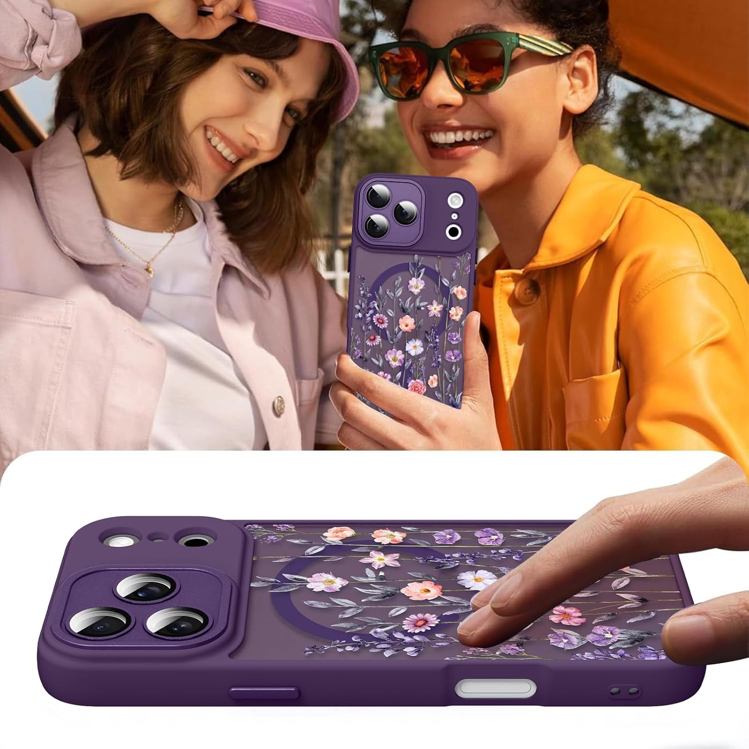 Magnetic for iPhone 17 Pro Max Case with Screen Protector [Compatible with MagSafe] Pretty Flower Floral Pattern Design, Shockproof Slim Cover for Women Girls, Dark Purple
