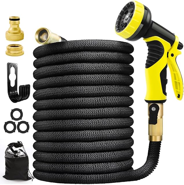 1BAZAR Hose Pipe 100FT, Expandable Garden Hose,Upgraded 10 Function Modes Water Spray Gun, Expanding Hose Pipe,Water Hose Pipe 3/4" & 1/2" Solid Brass Connectors,No-Kink Flexible Hose Pipe