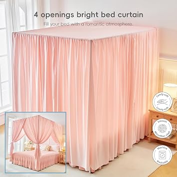 Canopy Bed Curtains - 4 Corners Post Ruffle Princess Bed Canopy Elegant Cozy Drape Netting 4 Opening Mosquito Net for Girls Adults Bedroom Beautiful Decoration - Easy Installation Twin Pink