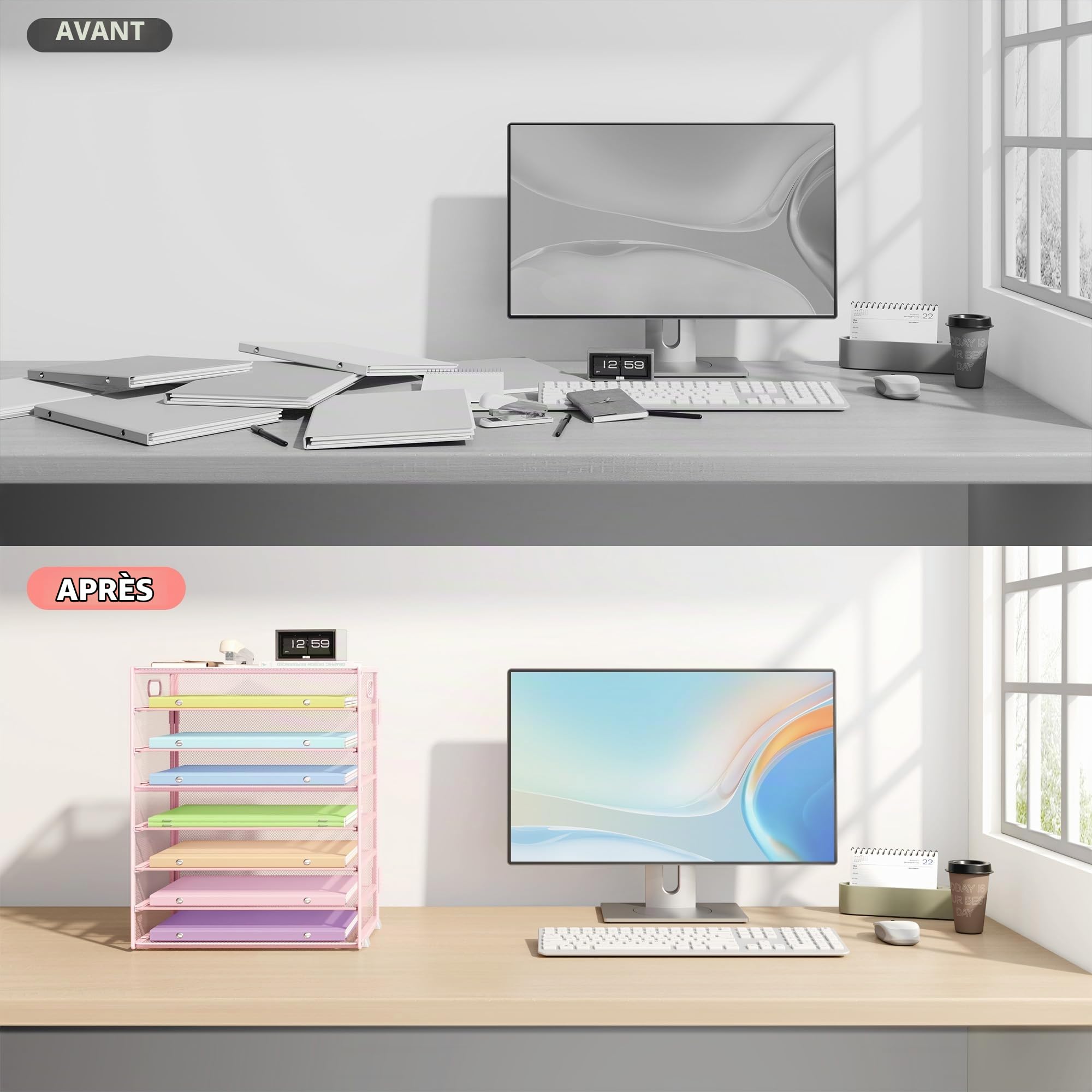 Marbrasse Organisateur de Bureau,8 Niveaux Papiers Rangement Courriers,Porte Documents A4 Empilable,Maille Métallique pour Classe,Maison,Bureau(Rose)